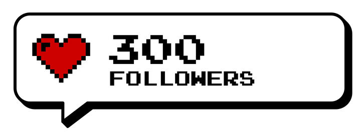 300 followers thank you badge social media 8 bits neubrutalism