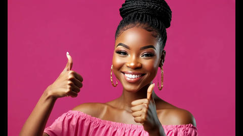 Radiant Young Woman Giving Thumbs Up on Pink Background