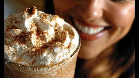 Close-Up of Woman Smiling with Creamy Cocoa Topped with Whipped Cream