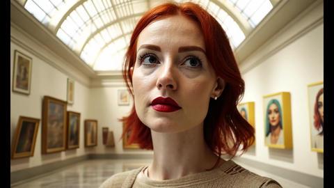 Serene Redhead Woman Contemplating Art in Sunlit Gallery