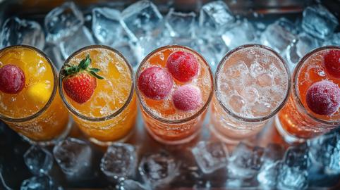 Overhead view showcases vibrant ice cream floats in mismatched retro glasses