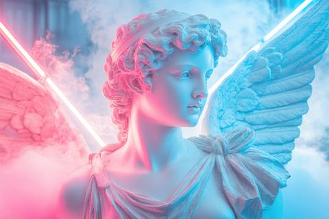 A white Greek bust of Cupid confidently shoots a neon blue arrow, capturing a