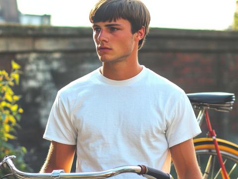 A young man leans casually against a vintage bicycle, wearing a white oversized
