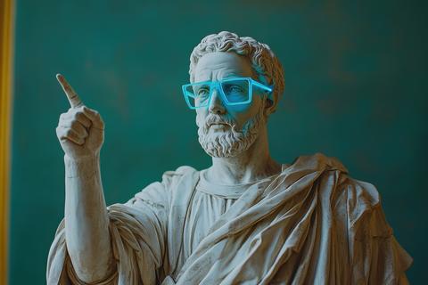 A white Greek statue representing a teacher stands in a vibrant green space