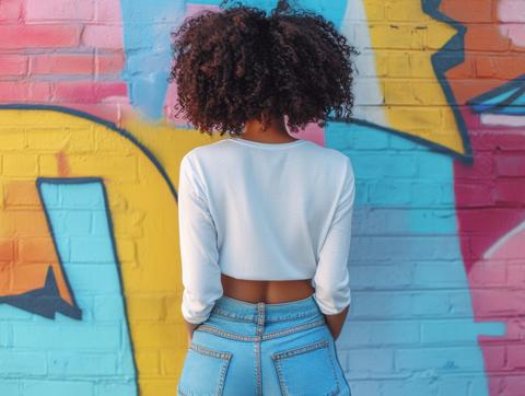 Latina woman with voluminous curls models a blank white long-sleeve shirt while