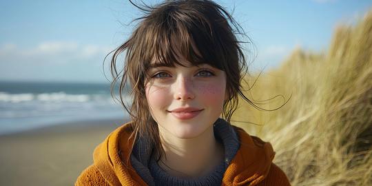 Young woman smiles beach windswept hair and orange hoodie