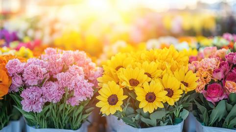 Vibrant bouquets of sunflowers carnations and roses flower market bathed in sunlight