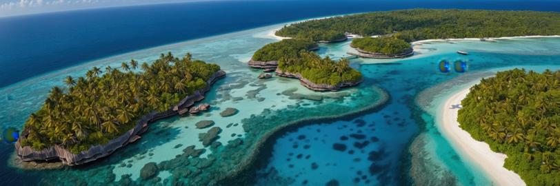 Aerial shot of tropical islands surrounded by turquoise waters and coral reefs