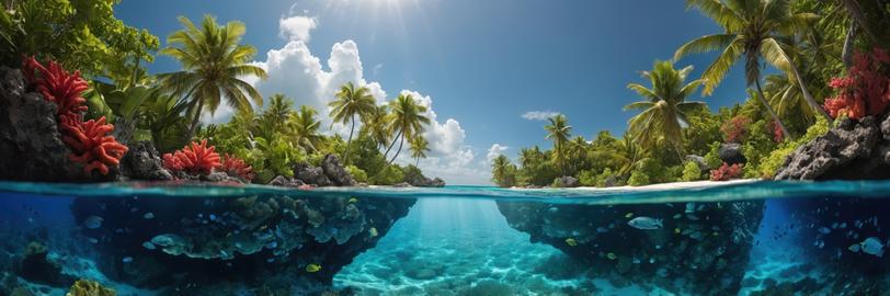 Split view of lush tropical island above water and vibrant coral reef below