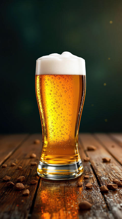 beer mug golden bubbles on wooden table festive for national bee