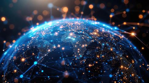 Global network connection illuminated Earth Digital communication and interconnected world