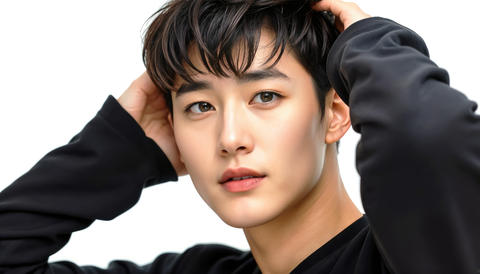 Portrait of young Asian Korean man with dark hair wearing black