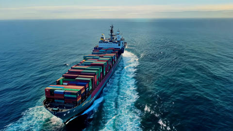 Container cargo Ship Arrival - Aerial View. Containers In Freight Ship. Video