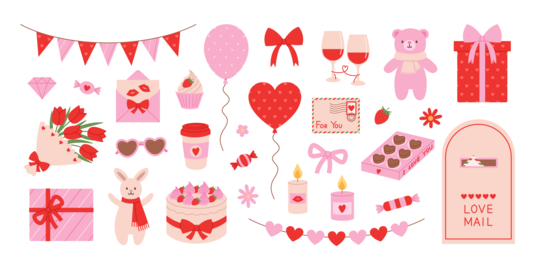 Valentines day elements set with cake, balloons, flower bouquet, envelope, gifts, hearts, candies