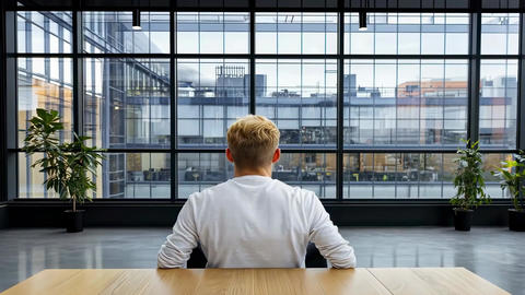 Contemplative figure in a modern office setting