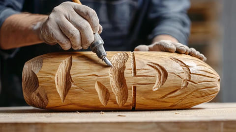 Artisan carving intricate patterns on wooden piece with sharp tool