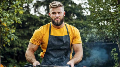 Grilling chef with beard in outdoor barbecue setting