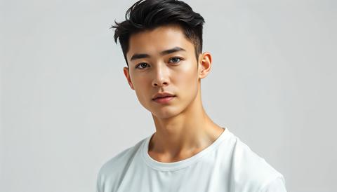 Portrait of young man with styled hair wearing simple white shirt against light grey backdrop