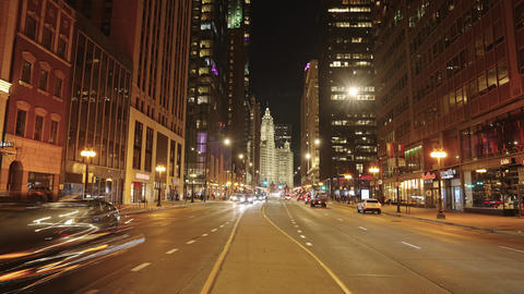 Chicago, USA - October 23, 2024: Illuminated building in Chicago. Hyper lapse