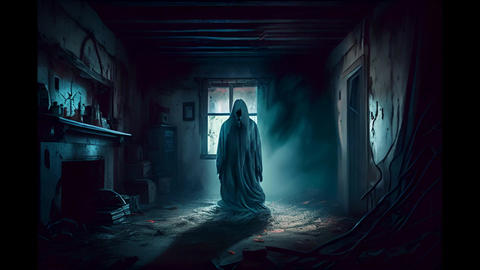 Ghost in abandoned, haunted house. Horror scene of scary spirit of a black widow