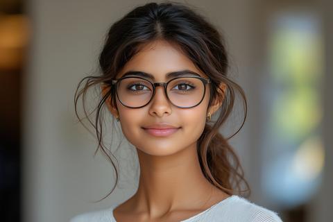young Indian woman with brown hair and eyes wearing glasses in soft diffused light setting is