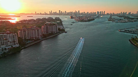 Port of Miami. Miami aerial sunset. Luxury residential apartment of Fisher
