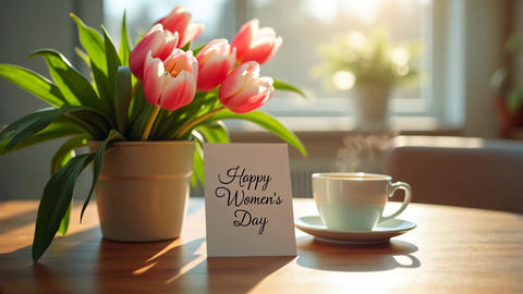 A joyful celebration of International Women’s Day with a bouquet of fresh pink and white tulips