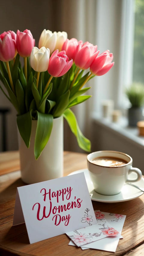 A joyful celebration of International Women’s Day with a bouquet of fresh pink and white tulips