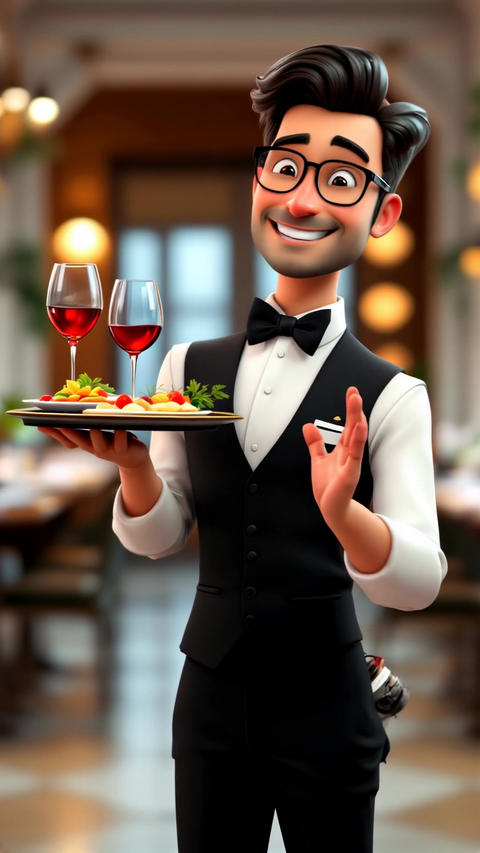 A 3D cartoon-style character of a professional waiter with a polished and friendly appearance