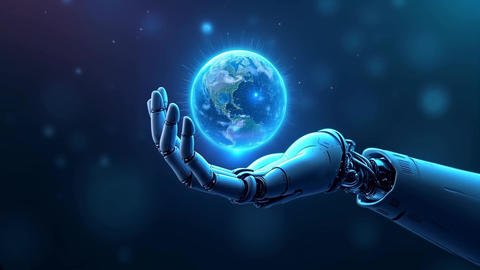 A futuristic digital animation depicting a robotic arm reaching towards a glowing holographic Earth