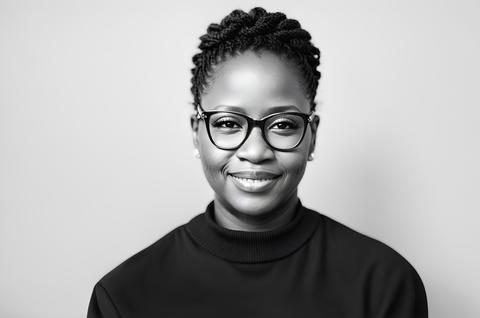 Black Woman with Braided Hair and Glasses Smiling in Studio Portrait
