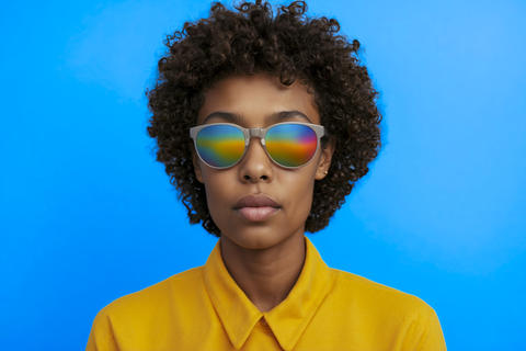 Woman with Curly Hair Wearing Rainbow Reflective Sunglasses Against Blue Background