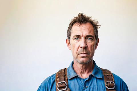 Weathered Laborer in Blue Shirt and Leather Harness