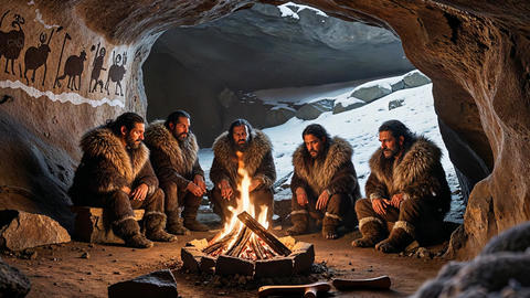 Primitive Men Gathering Together Around a Warm Campfire in a Dark
