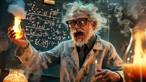 Cartoon character crazy scientist chemist during a failed experiment