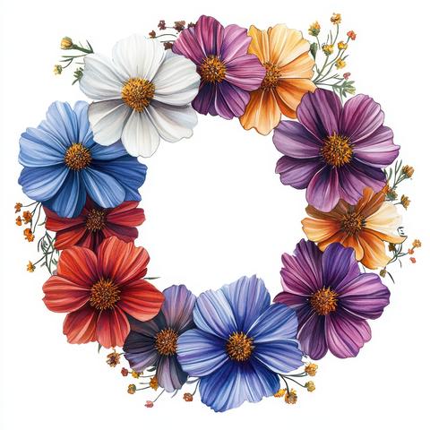 Vibrant Cosmos Flower Wreath Botanical Illustration Floral Design