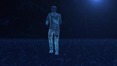 Digital Wireframe Figure Running in a Virtual Blue Environment