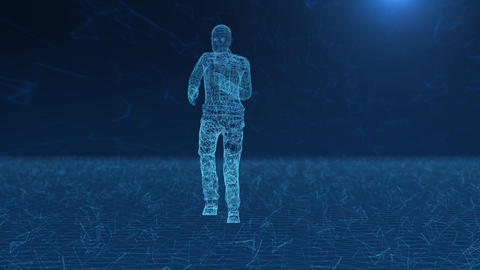 Digital Wireframe Figure Running in a Virtual Blue Environment