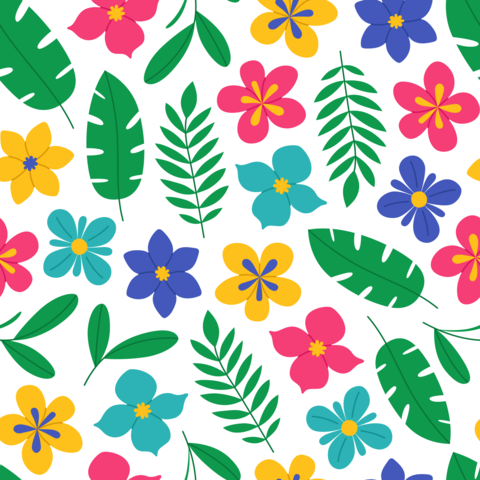 Seamless pattern with exotic flowers and tropical leaves on white background