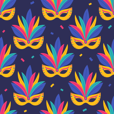 Seamless pattern with yellow carnival masks with feathers on blue background. Masquerade accessory