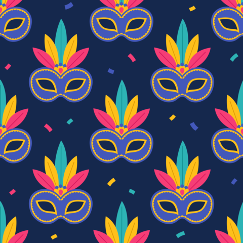 Seamless pattern with blue carnival masks with feathers on blue background. Masquerade accessory