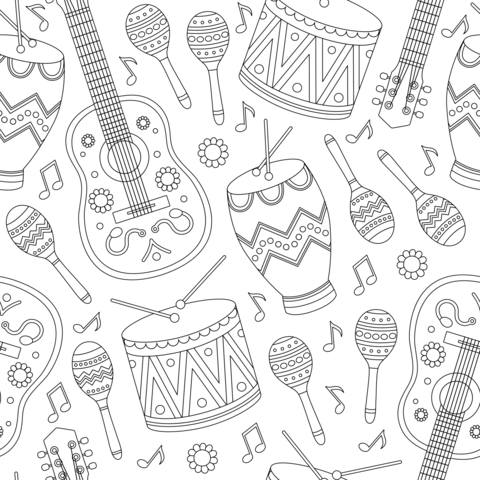 Contour seamless pattern with guitars, drums, drumsticks, maracas and notes