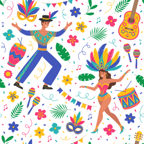 Brazil Carnival seamless pattern with man and woman in costumes with feathers, guitar, maracas