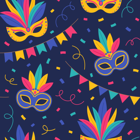 Seamless pattern with carnival masks with feathers, garlands and confetti on blue background