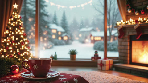 Cozy Christmas room with Christmas tree, winter ambience snowfall and fireplace. 4K seamless loop