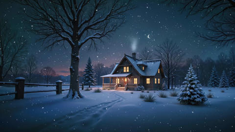 Winter background with snowfall, Christmas house, seamless loop 4K animation, for holiday videos