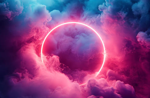 A circle of red and purple smoke is floating in the sky