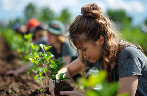 Volunteer concept. Young people volunteers outdoors planting trees