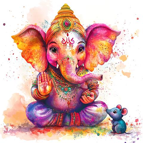 Watercolor Illustration of Hindu God Ganesha with a Mouse