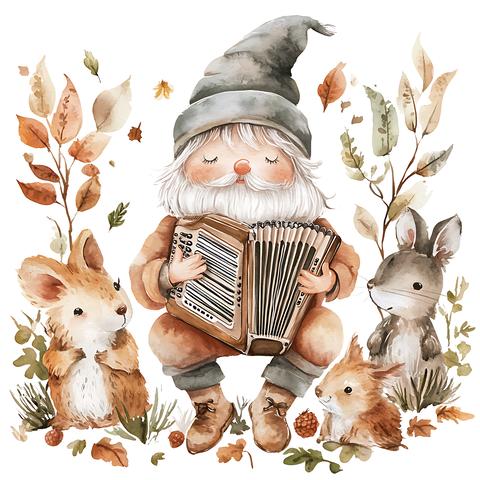 Watercolor Illustration of a Gnome Playing Accordion with Bunnies Surrounded by Autumn Leaves